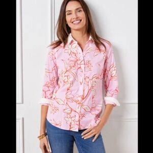 Talbots Non Iron Floral Button Front Shirt Womens 12 Pink Orange Striped NWT